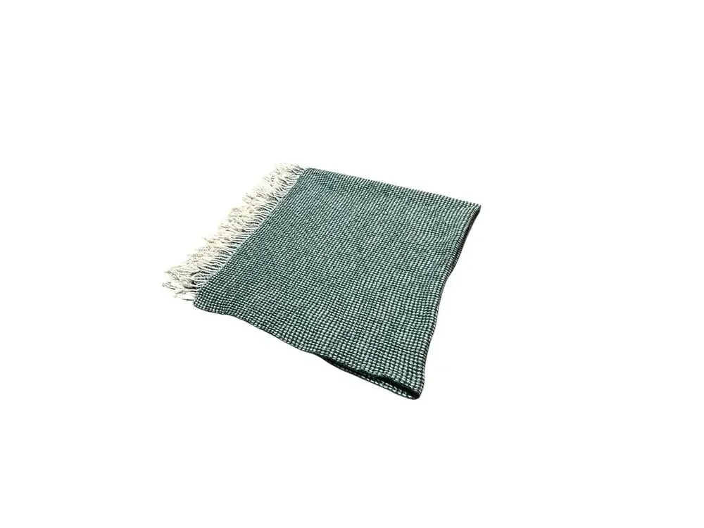 Nido Notte Italia Green Cream Throw Blanket Waffle Knit Fringe Trim Cover Cotton